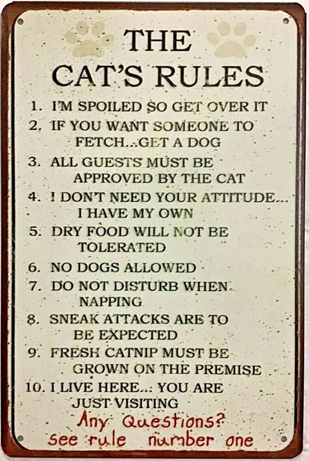 rayprint Vintage The Cat Rules Metal Tin Sign Poster Wall Decor Gift For Garden Men Cave Garage Classroom Library Living Room School 12x16 Inch