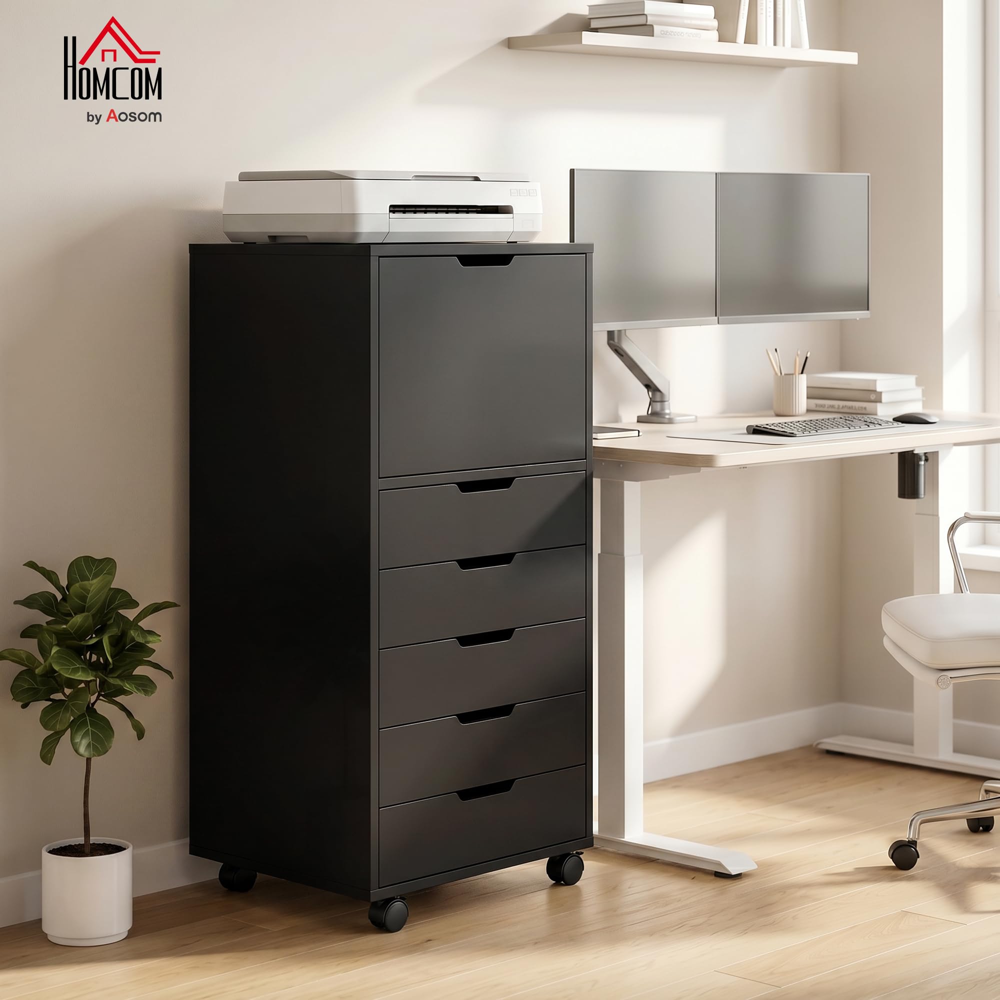 HOMCOM Schedario da Ufficio con 5 Cassetti Soft-Close 48x40x100 cm Nero | Armadio, Ruote a Freno, Cassettiera Scrivania per Documenti, Cassettiera Ufficio per Studio Sotto Scrivania