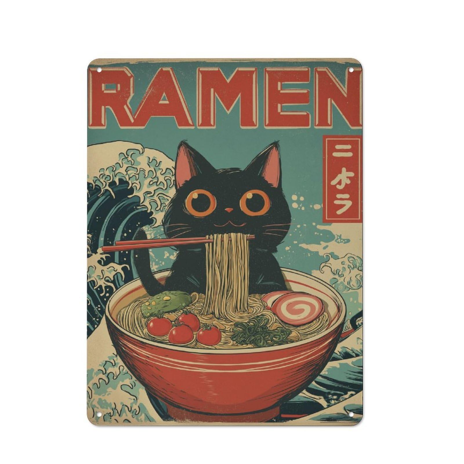 Junmoney Cat Ramen Feast Retro Metal Wall Sign 40X30cm With For Home Bar Wall, A Housewarming Gift For Hosts Who Enjoy Retro Interiors