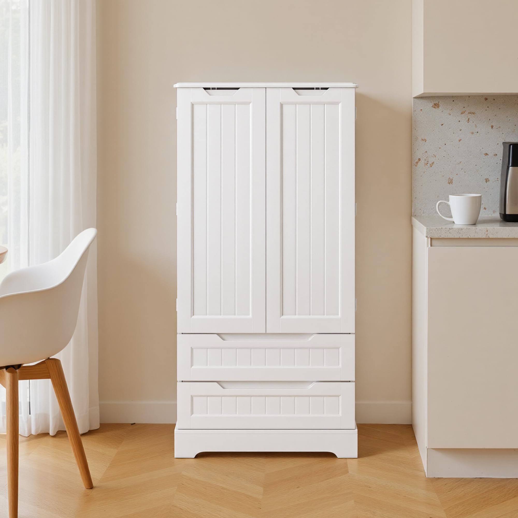 Bealife Hochschrank, Küchenbuffet mit 2 Schubladen und 2 Türen, Freistehender Küchenschrank für Küche, Esszimmer und Wohnzimmer, Weiß