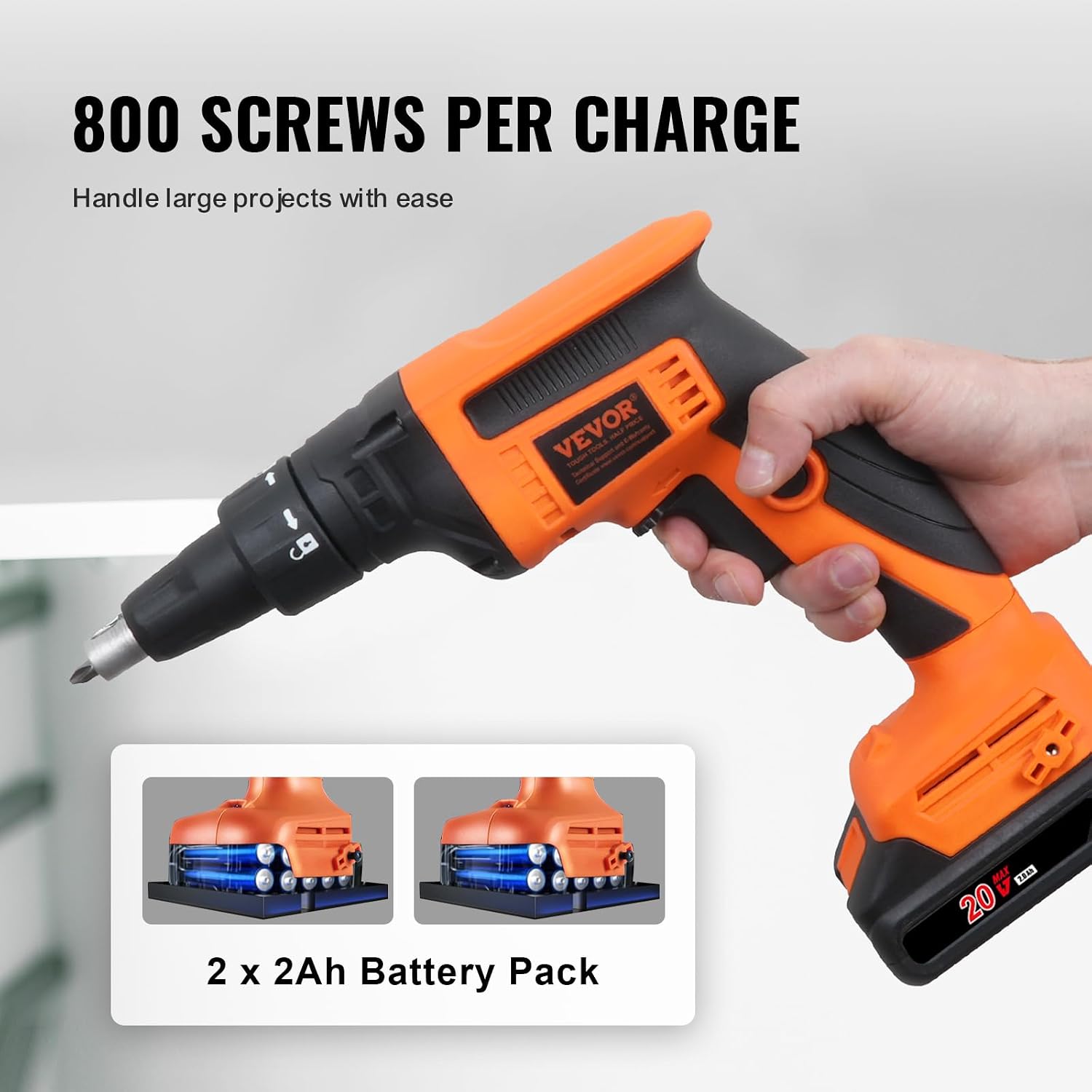 VEVOR Drywall Screw Gun, 20V Max Drywall Screwgun, 4200RPM Brushless Cordless Drywall Gun Kit with 2 Battery Packs, Charger, Belt Clip, and Tool Bag, Built-in LED Light, Forward and Reverse Adjustable