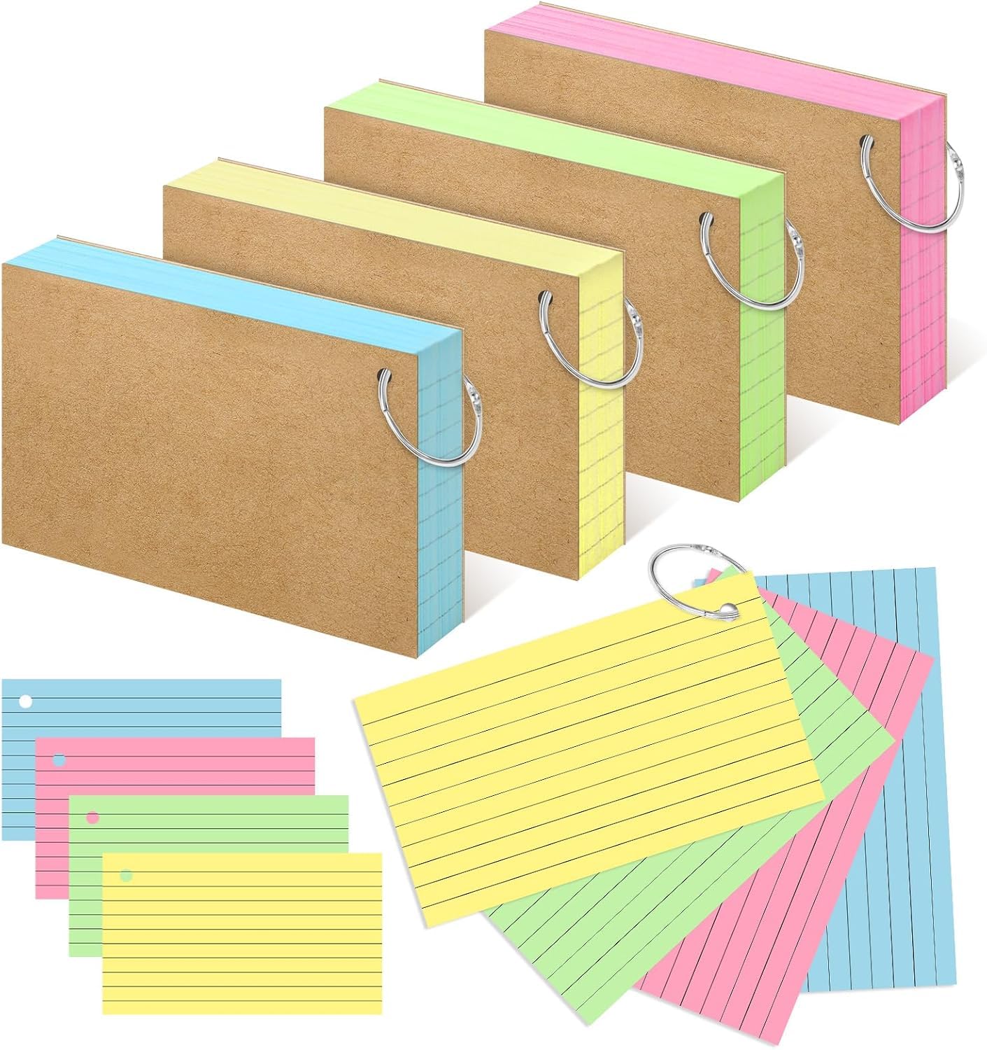 MIUTME 300PCS Flash Cards with Ring,3x5 Inches Colored Index Cards, Lined on Both Side Notecards Ruled Study Card Flashcards Heavy Note Cards for Studying,School, College (4 Colors)