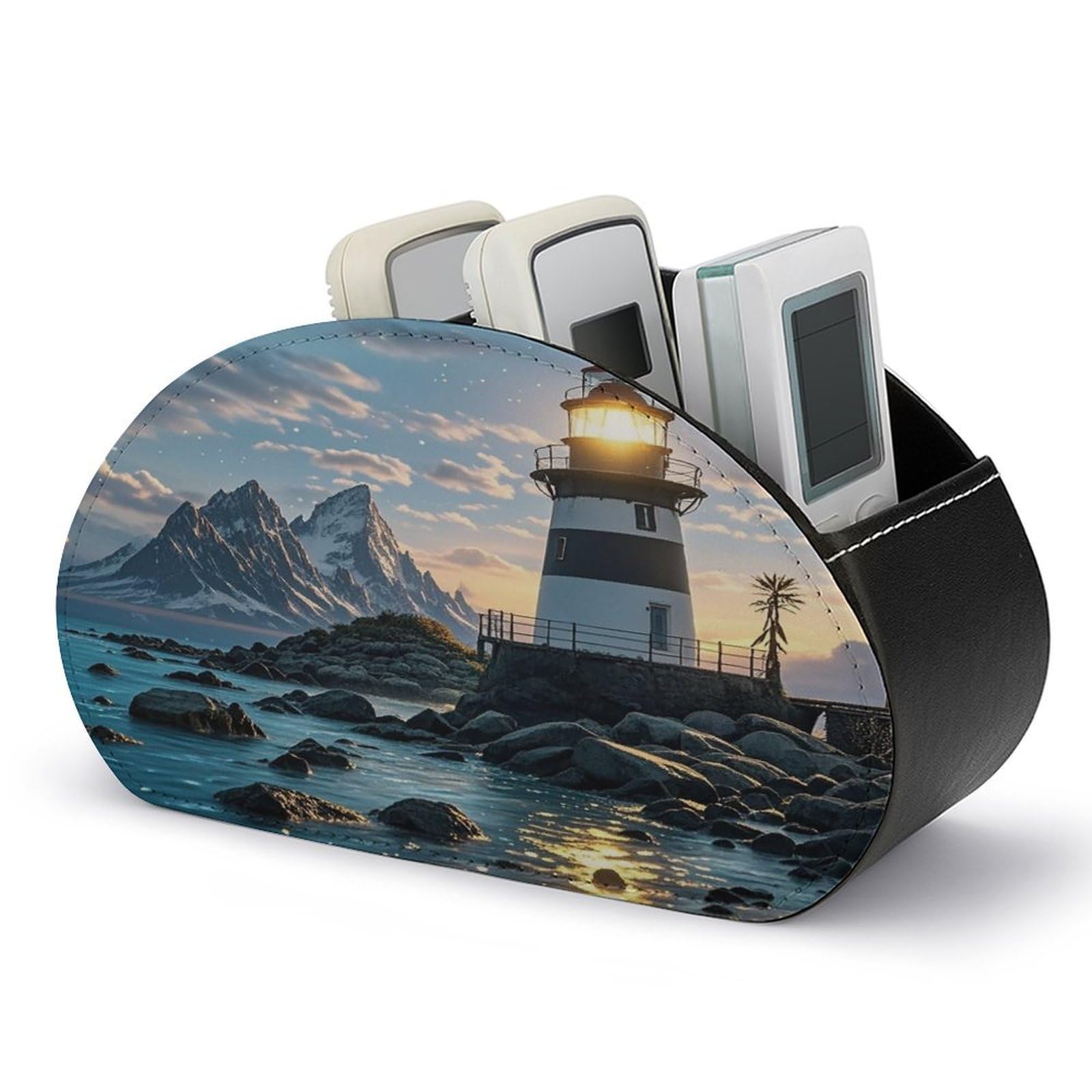 LZQPOEAS Lighthouse by The Sea Remote Control Holder with 5 Compartments PU Leather Remote Organizer Box Caddy for Table Nightstand Remote Caddy Desktop Organizer Fits Media Controllers