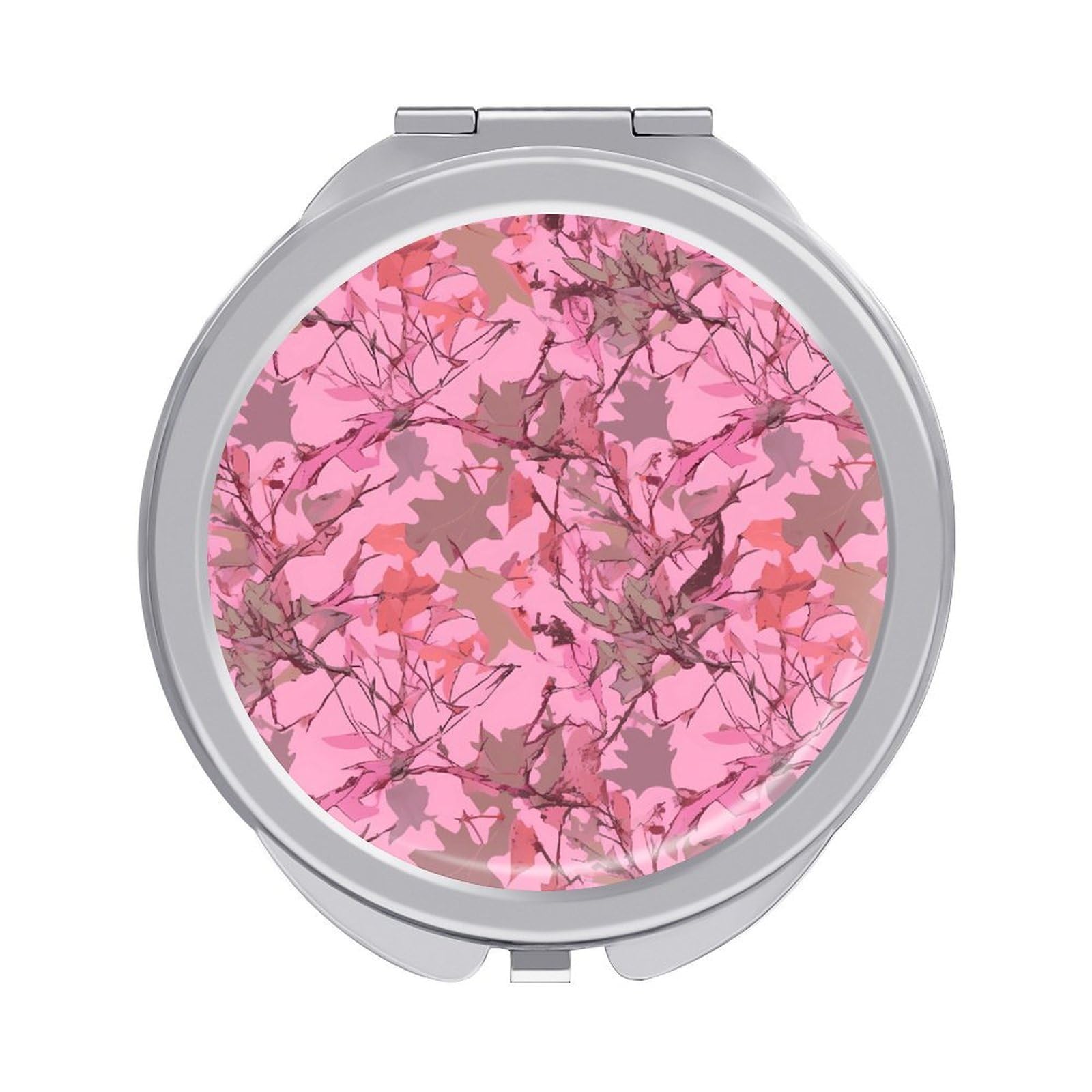 VstaDank Pink Leaves Camo Travel Makeup Mirror Cute Compact Mirror for Women 1X/2X Magnifying Metal Pocket Makeup Mirrors Folding Round Makeup Mirrors for Handbag Wallet & Gift