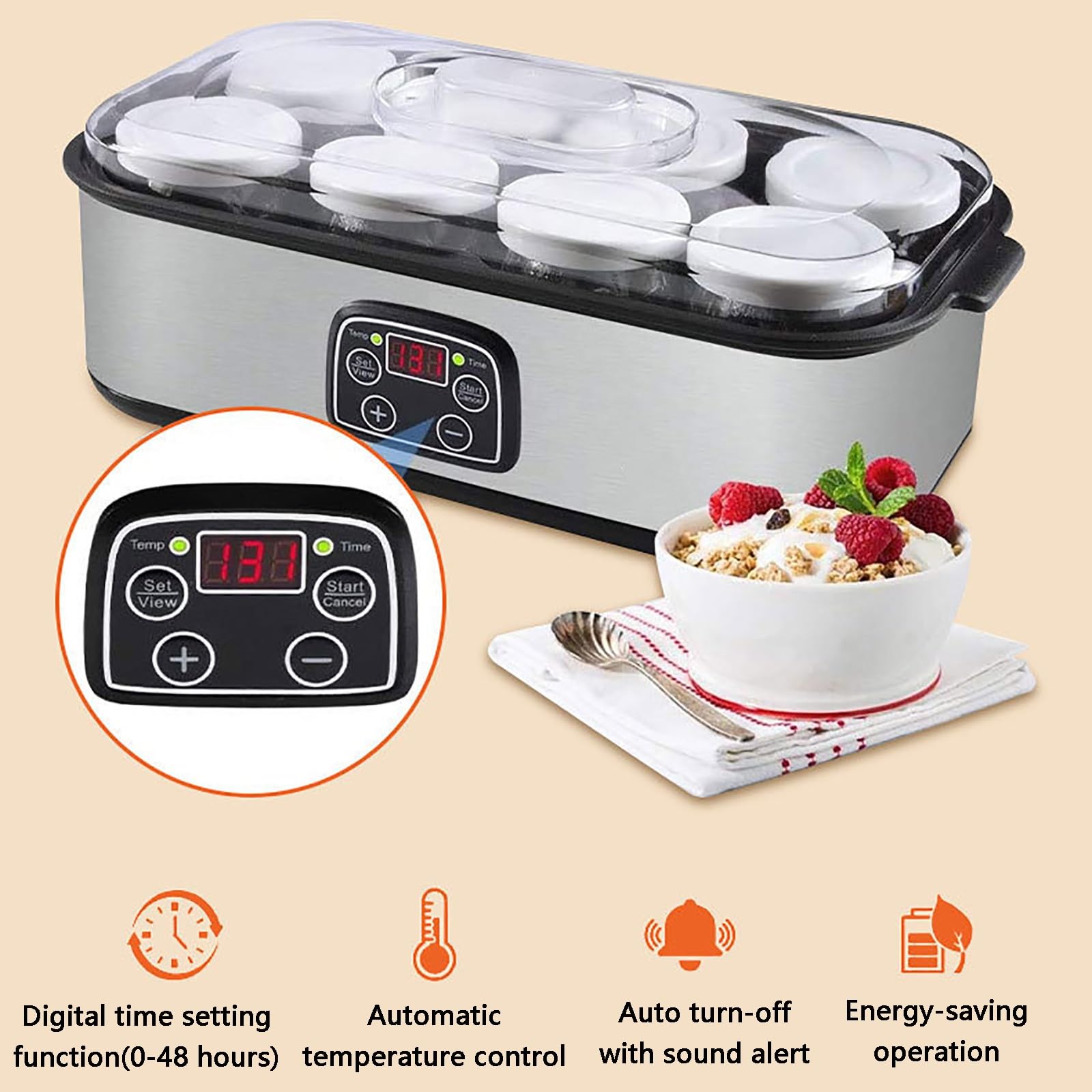 Yaourtière pour Yaourts Probiotiques, Machine À Yaourt, Température et Durée Réglables, Facile À Nettoyer, avec 8 Pots en Verre, Idéale pour Un Usage Domestique