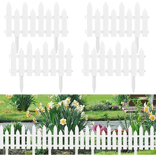 HASTHIP® Outdoor Garden Fence Border - Garden Edging Fence Decorative - White Garden Picket Fence Panels - Resistant PVC Garden Fence Decorative - Flower Bed Fencing for Pathway, Yard, Lawn (4 Pcs)