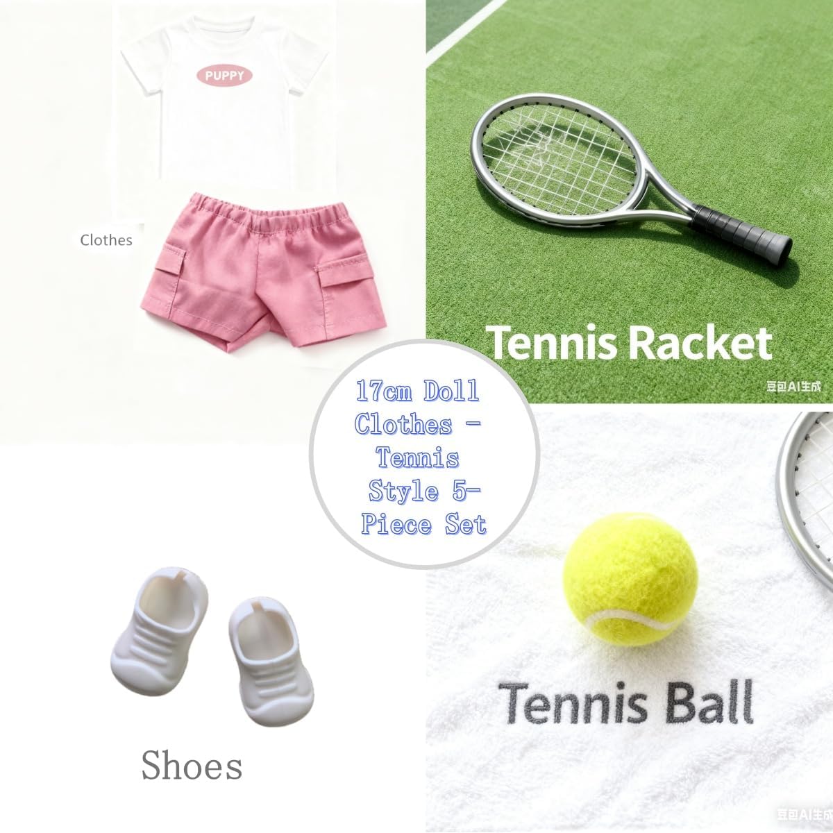 17cm/15cm Doll Clothes Suitable for Labubu Outfit: Fashion Clothes(Doll Not Included) (Pink Tennis Set (top+Pants+Tennis Ball+Racket+Sneakers))