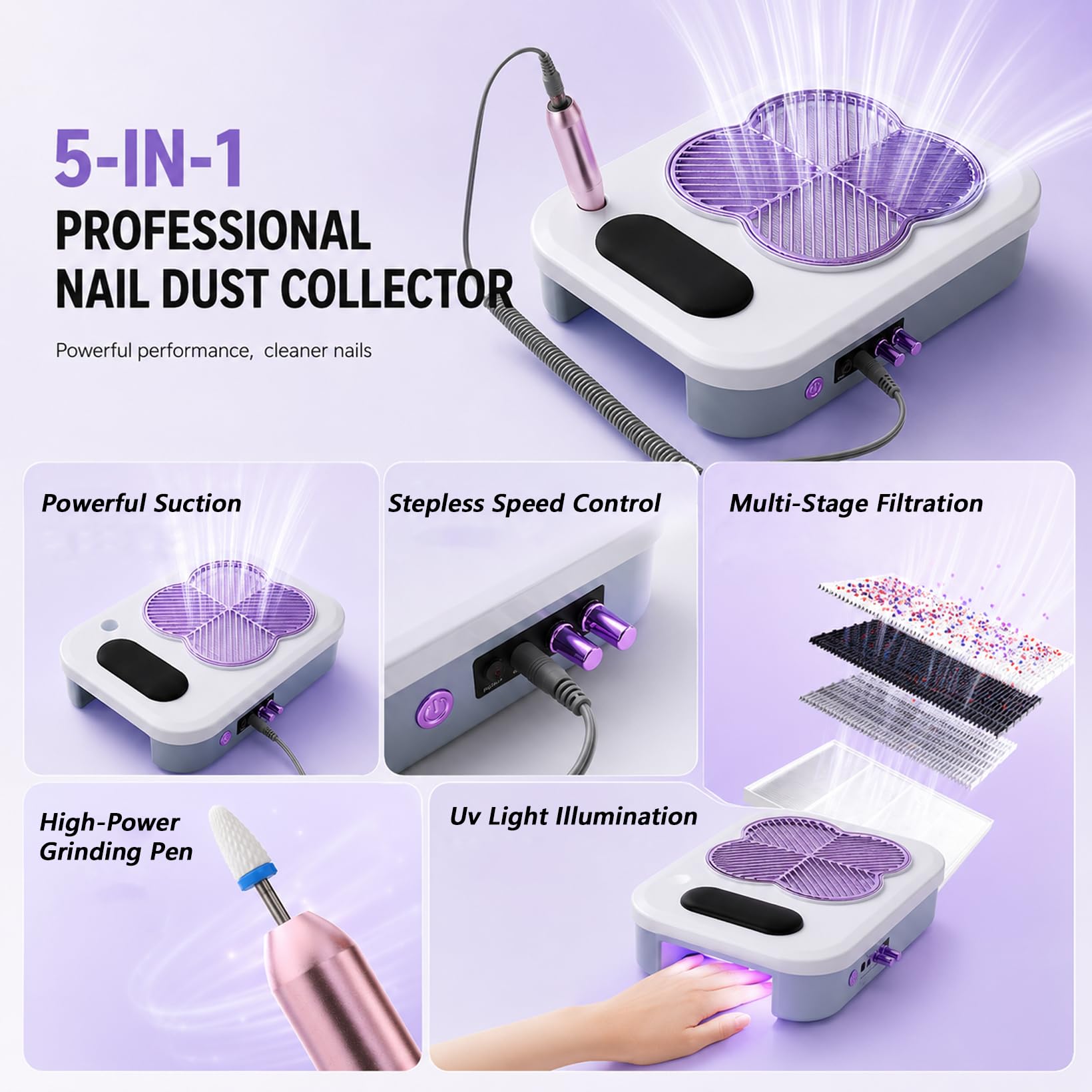 3 in 1 Professioneller Elektrische Nagelfeile | Maniküre Set Elektrisch mit Elektrischer Nagelfeile Staubabsaugung für Nägel mit UV-LED Nagellampe für Nagelkunst Nagelstudio