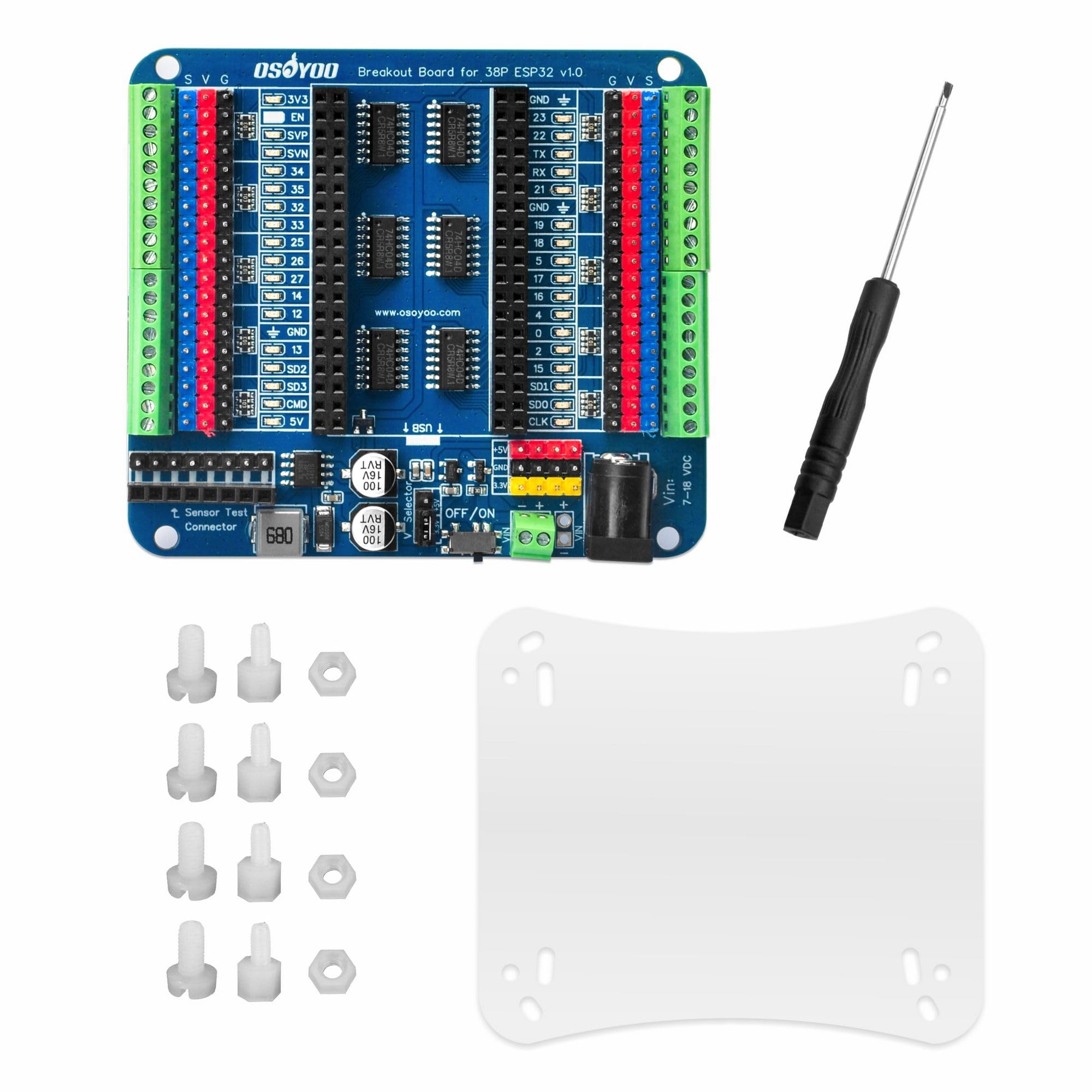 OSOYOO 38P ESP32 Shiled Breakout Board Terminal Block Shield HAT with Pin Header, 5V 3.3V Power Outputs, GPIO Status LED