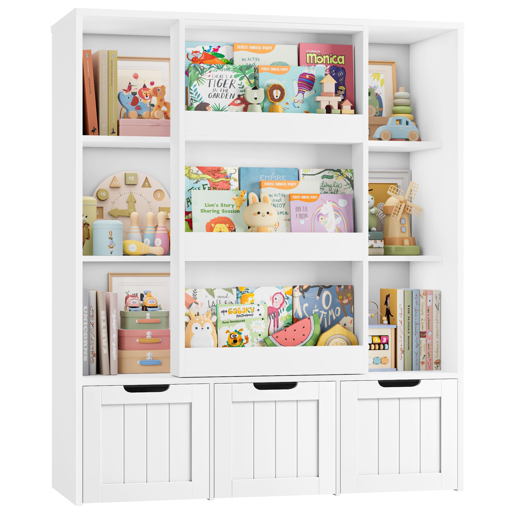 FOREHILL 120cm hohes Kinderregal Bücherregal mit Schiebtür für Kinder & Erwachsene Kinderzimmer Möbel Kinderbücherregal Spielzeugregl mit Boxen auf Rollen Aufbewahrungregal Kinderschrank 120x100x37cm