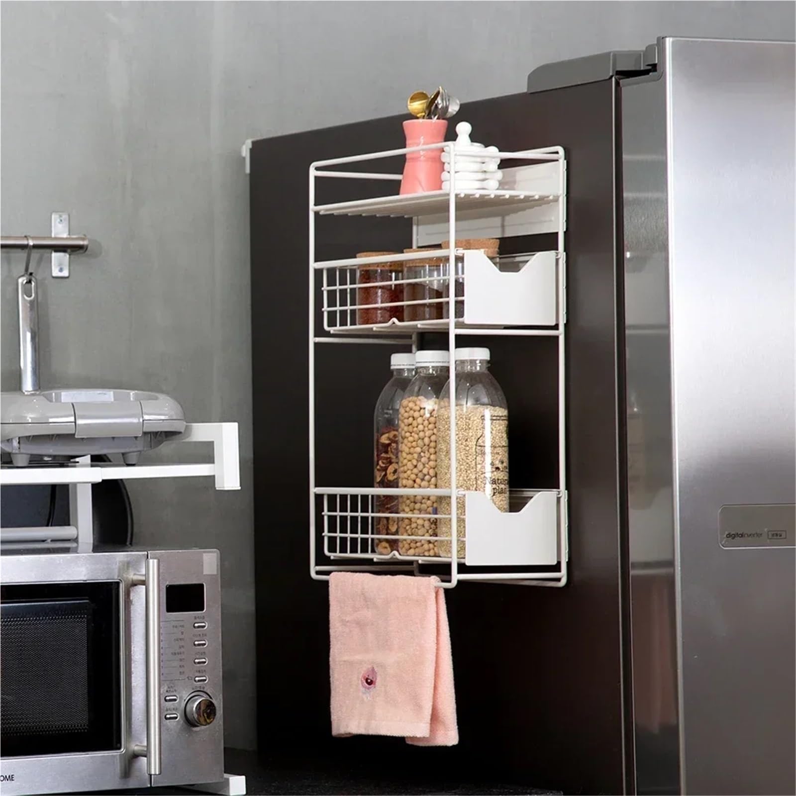 Organizador Magnético Pared Estante de almacenamiento magnético for refrigerador 2/3 niveles, estante lateral for lavadora, organizador cocina(White 3 tier)