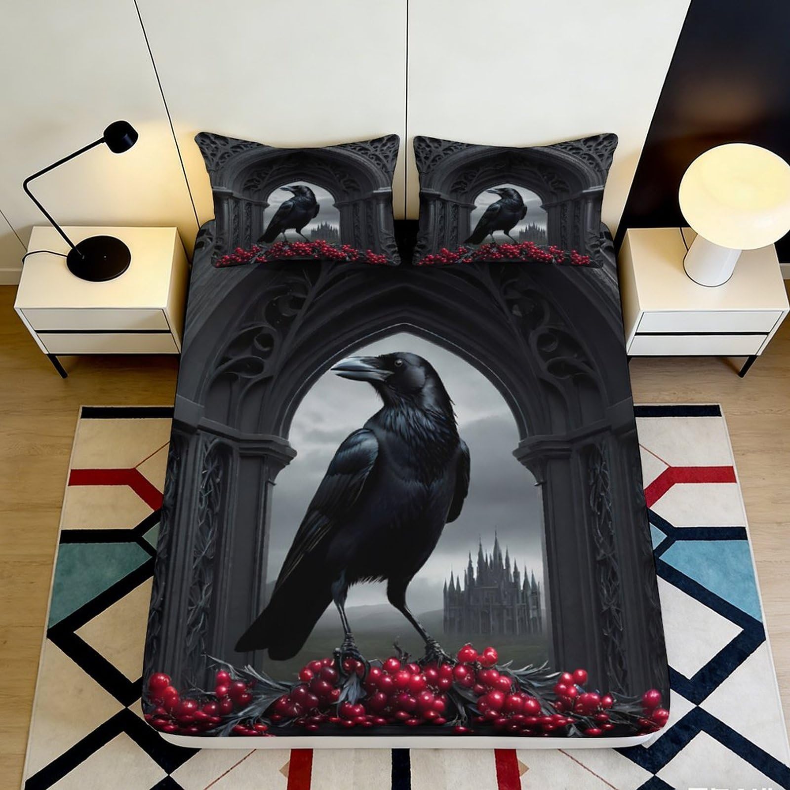 Pnayamiorkfel Style-4 3D Printed Gothic Raven Fitted Sheet Microfiber Soft Decorative Castle Bed Cover For Bedroom Dorm Mattress Protection 90X200x25cm