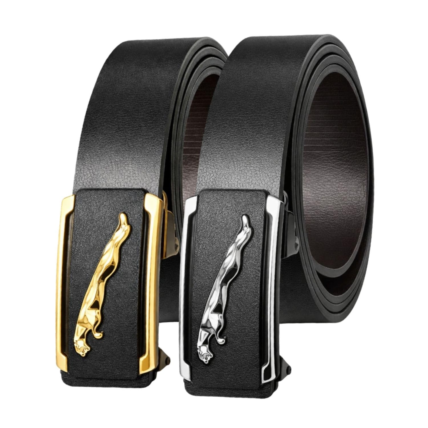 Men’s Auto Lock PU Leather Belt with Jaguar Buckle | Ratchet Adjustable Belt | 35 mm Width | Fits 28–42 Inch Waist (Black/Silver/Gold)-image-23