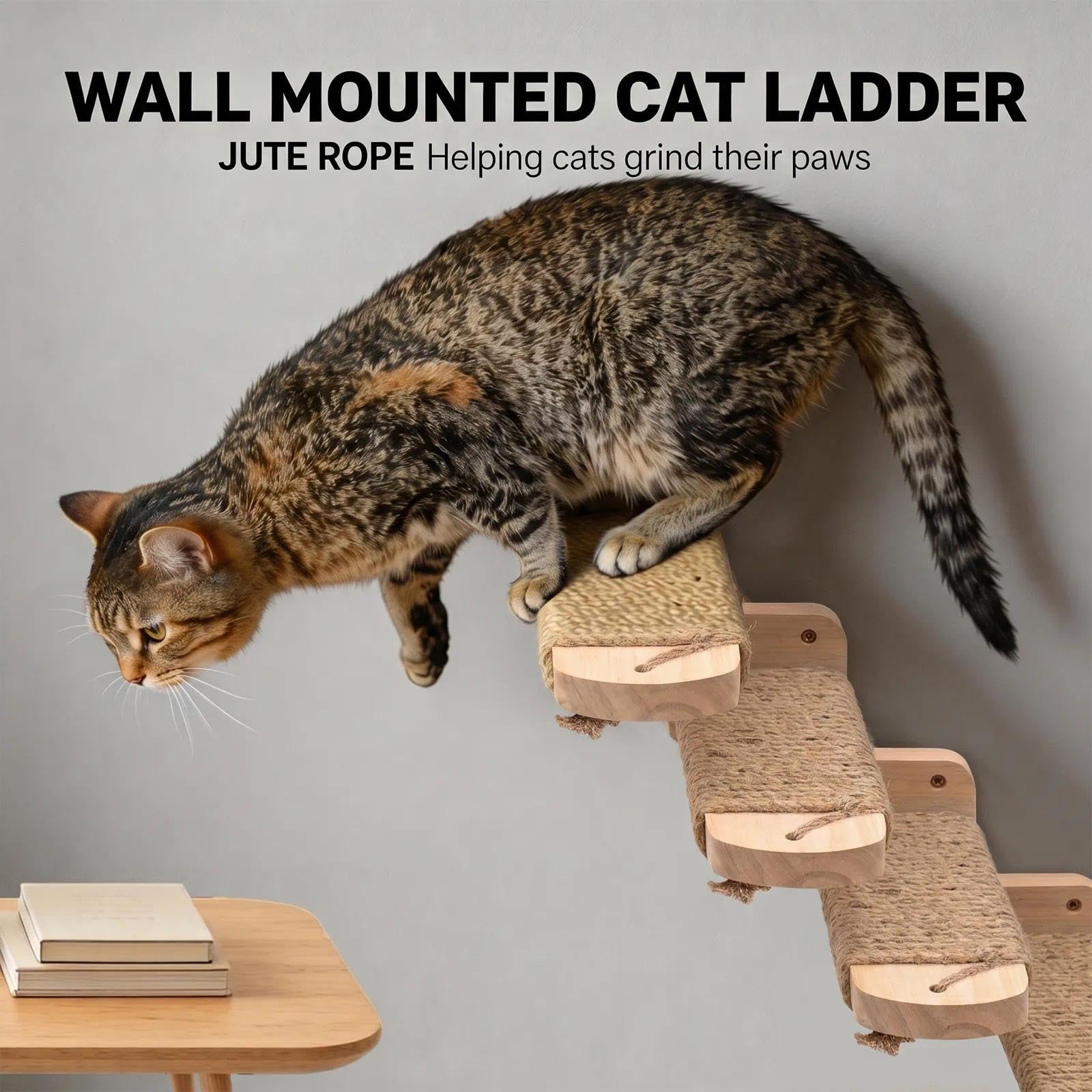 4pcs Katzentreppe Wand, Kletterwand Katzen aus Holz,Wandliege Kletterwand Katzen mit Juteseil zum Kratzen, für Katze Klettern Spielen Massives Gummiholz