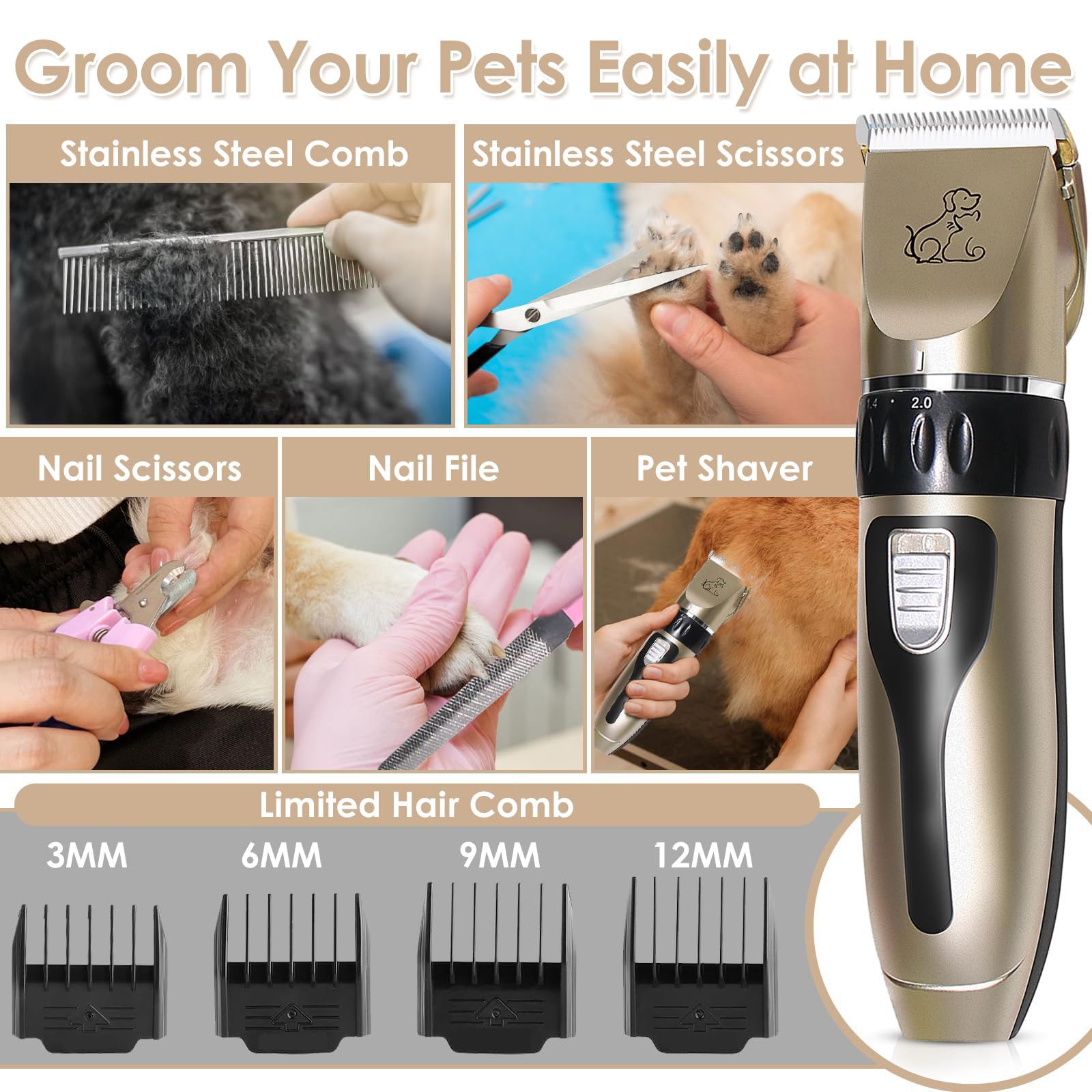 Maquina Cortar Pelo Perros Profesiona, Cortapelos Perros, Cuchillas de Cerámica Extraíbles, Cortapelos para Perros, Cortapelos de Bajo Ruido con 4 Peines Guía Mascota Cortapelo Perro