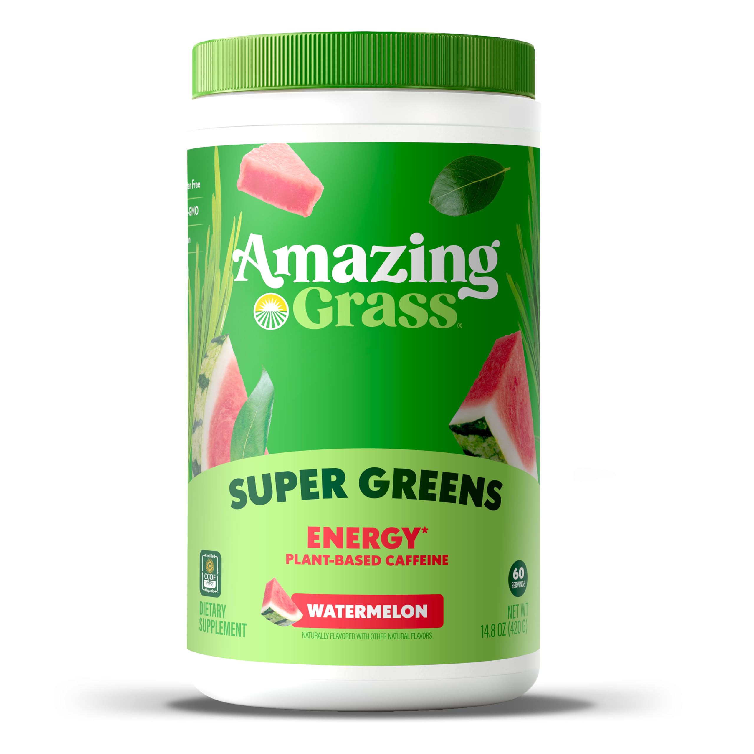 Green Superfood Energy: Super Greens Powder & Plant Based Smoothie Mix, Caffeine with Matcha Green Tea & Beet Root Powder, Watermelon, 60 Servings (Packaging May Vary)