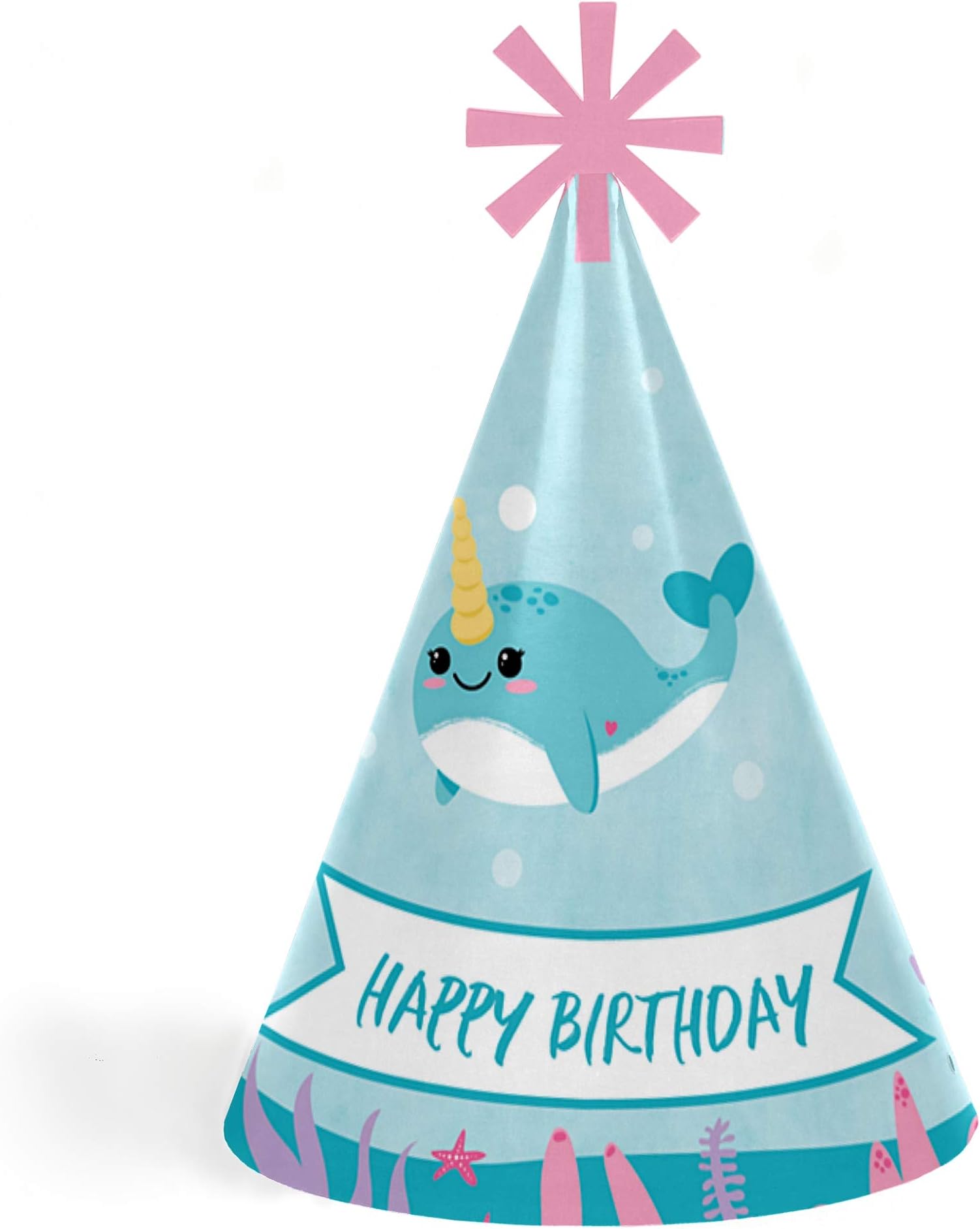 Narwhal Girl - Cone Happy Birthday Party Hats for Kids and Adults - Set of 8 (Standard Size)
