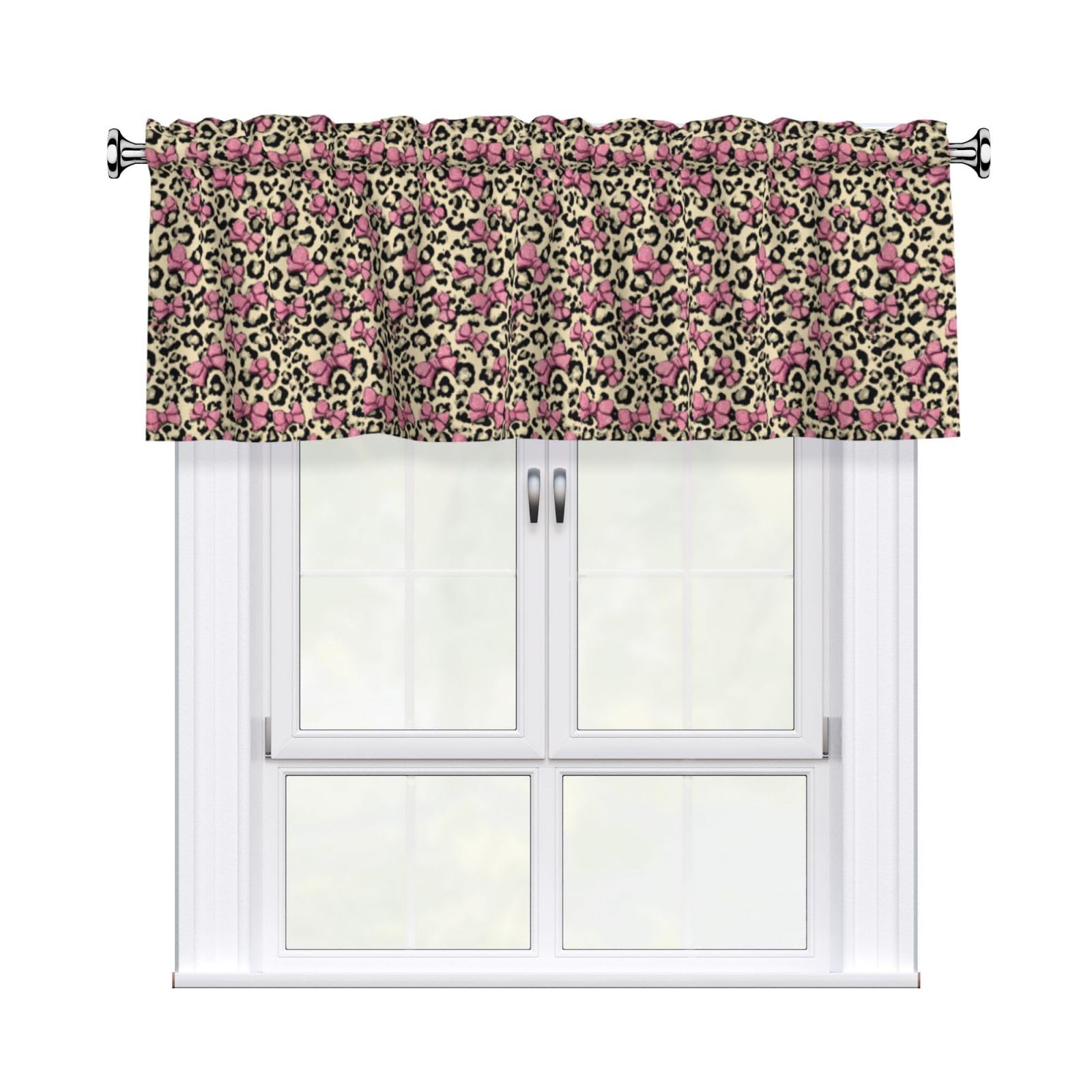 Woshuwo Leopard Print And Scattered Pink Bows Valances For Windows Rod Pocket Window Treatment Short Curtains For Kitchen Living Room Bedroom Decor 54x18in