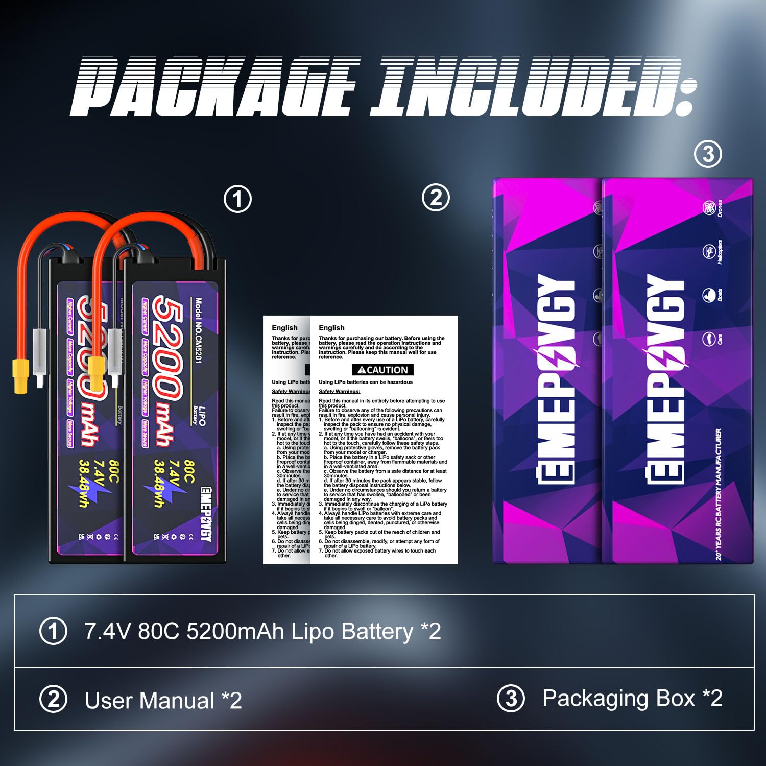 Batteria Lipo da 7,4 V 2S 5200 mAh 80C Lipos custodia rigida con connettore XT60 per auto RC camion 1/8 1/10 RC veicoli (2 confezioni)