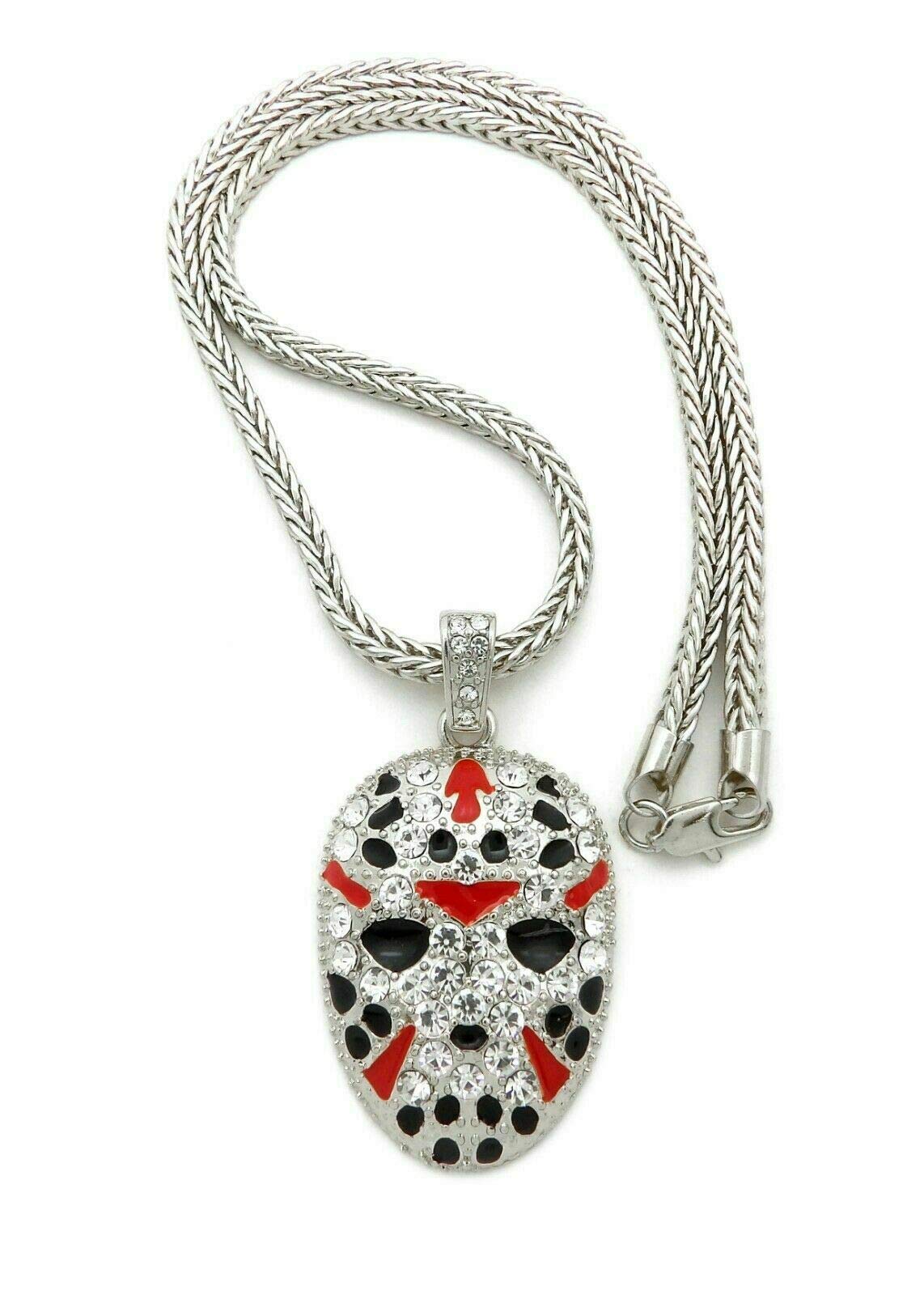 BLINGFACTORY Hip Hop Iced Silver Plated JASON MASK Pendant & 4mm 18" Stainless Steel Franco Choker Chain Necklace