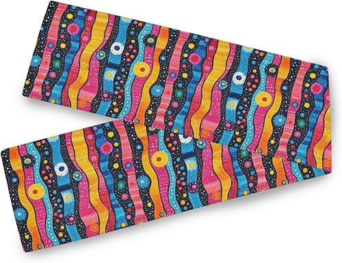 Retro Graffiti Art Colorful Stripe Rounds Decorative White Table Runner, 13x70inches, Living Room Decorations Reusable Fall Table Runner decoracion