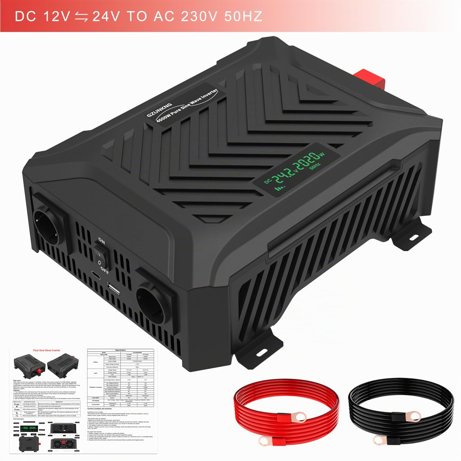 Dual Voltage Wechselrichter 12V/24V auf 230V Reiner Sinus Universal Dualer Spannungswandler 2000W/2000W, Automatische intelligente Erkennung von 12V/24V, Spitzenleistung 4000W/4000W.