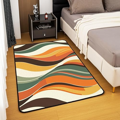 Miniatura 4 de Alfombra de área de rayas coloridas 3D abstracta naranja verde marrón líneas antideslizante para niños, adolescentes y adultos, moderna alfombra