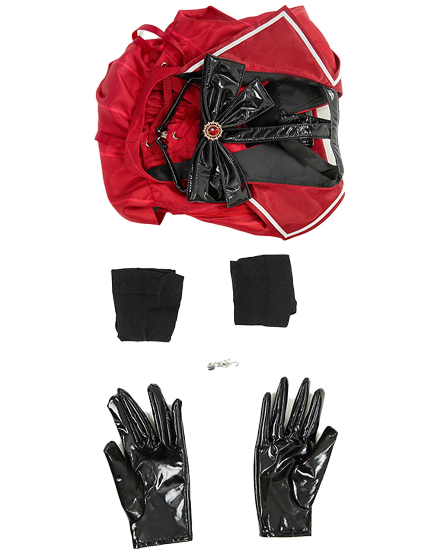 Mobbunny Women Halloween Demon Derivative Sexy Cosplay Set Black Red Hollow Bodysuit and Gloves: Medium Red