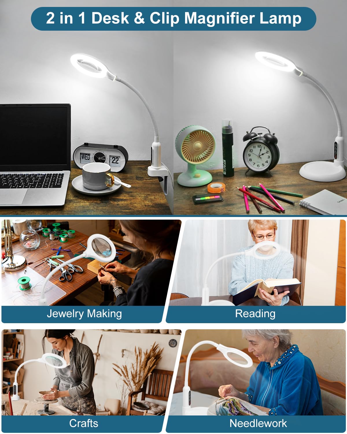 Lupa de 10 aumentos con luz y soporte, LED 5 modos de color, brillo de atenuación continua, lupa iluminada manos libres, lámpara de escritorio flexible con cuello de cisne con abrazadera para trabajos