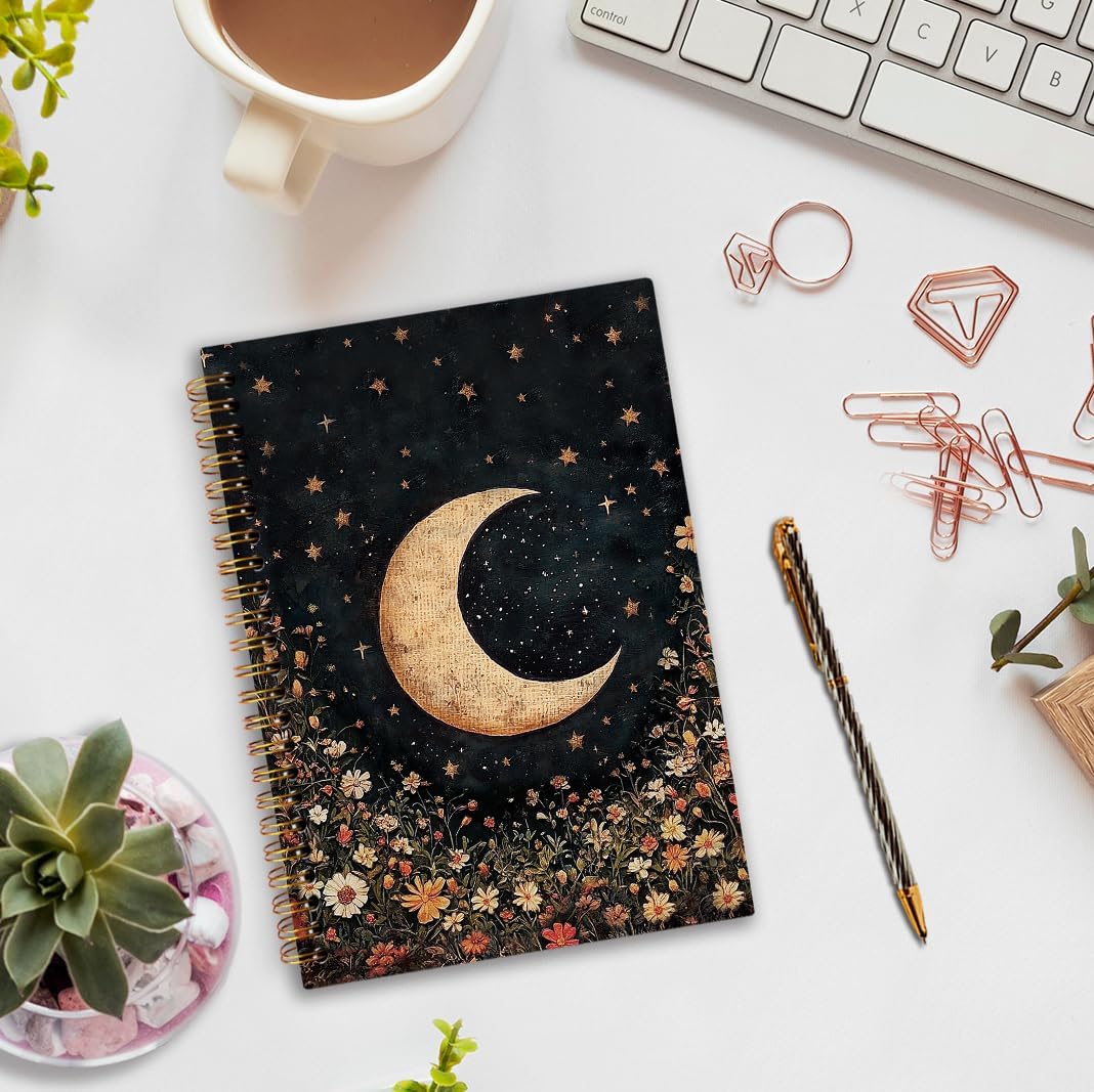 nvucamd Witchy Moon Floral Spiral Notebook, Dark Gothic Moon Journal Notebook, Retro Wildflower Botanical Journaling Notebooks for Women, Witchy Gifts Office Supplies, 5.5x8.3 Inch - Image 2