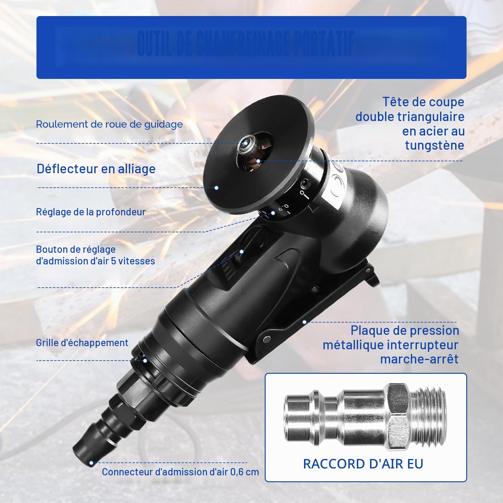Mini chanfreineuse pneumatique, 30 000 tr/min, machine à chanfreiner à 45 degrés avec entrée d'air de 6,35 mm pour couper l'ébavurage du chanfrein (6R inserts + inserts 6C + 6 roulements)