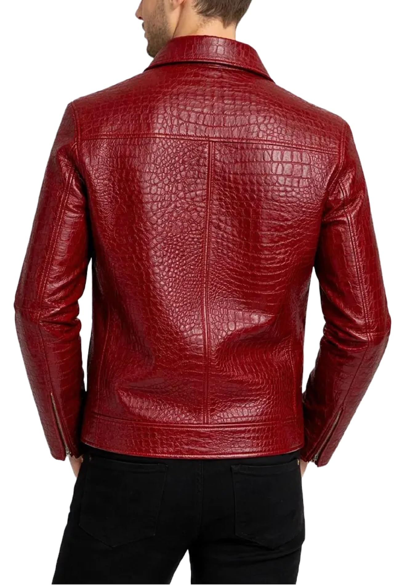 Chaqueta de piel con estampado de cocodrilo rojo para hombre, chaqueta de motociclista de lujo con estampado de cocodrilo
