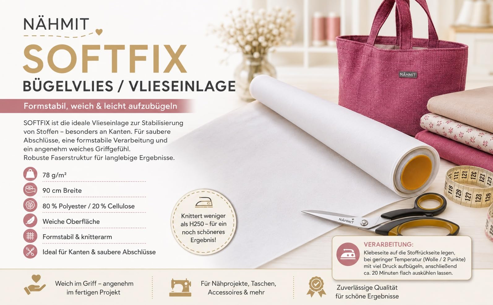 Nähmit SOFTFIX Włóknina do prasowania, szerokość 90 cm – wkładka z włókniny do naprasowywania, nadaje się do prania w temperaturze 40°, typ 250 (10 m x 90 cm)
