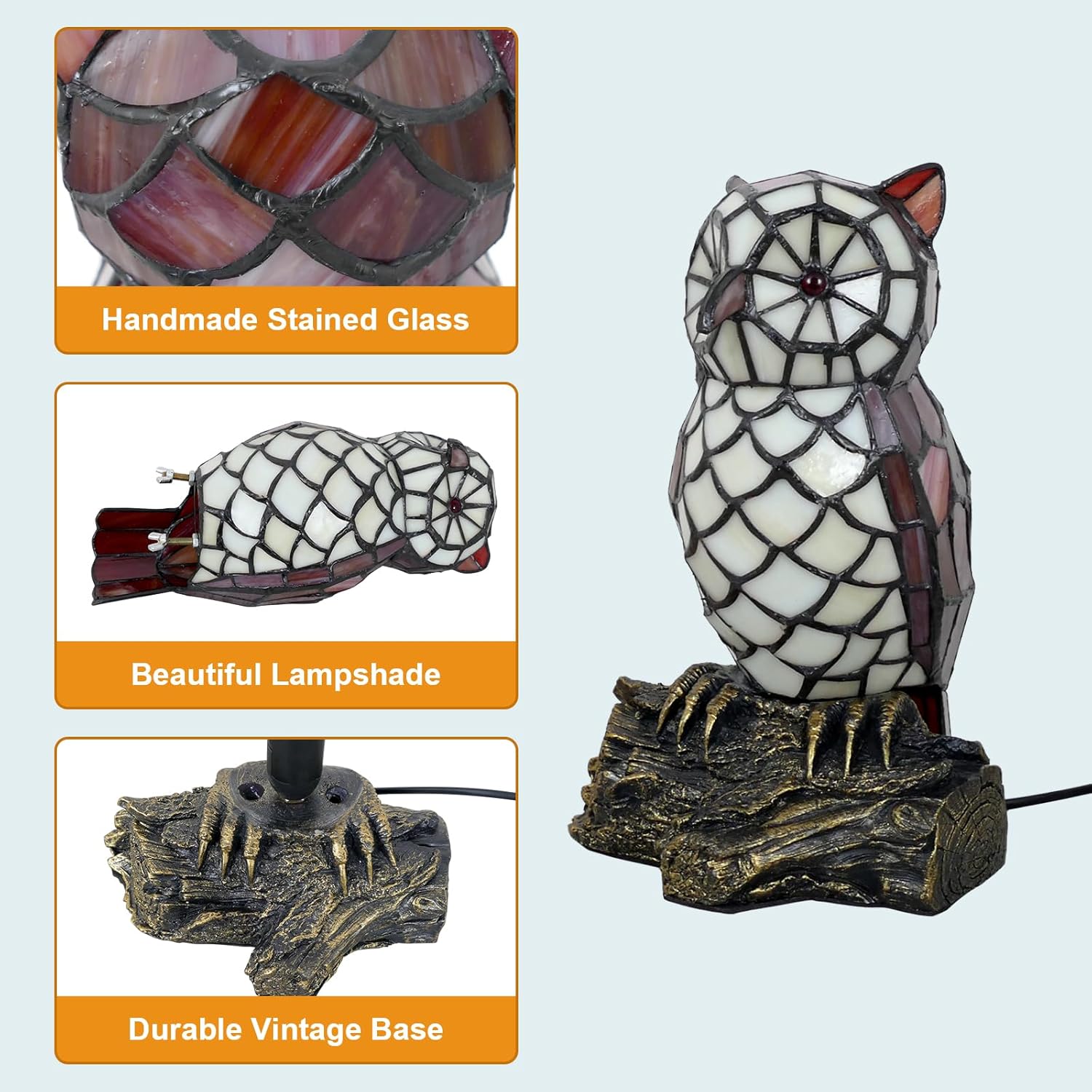 Cute Owl Lamp Tiffany Style Stained Glass Table Lamp Cute Animal Shape Table Lamp Night Light, 8.7 inch Tall, LED Bulb Included, for Home Room Decor, Gift
