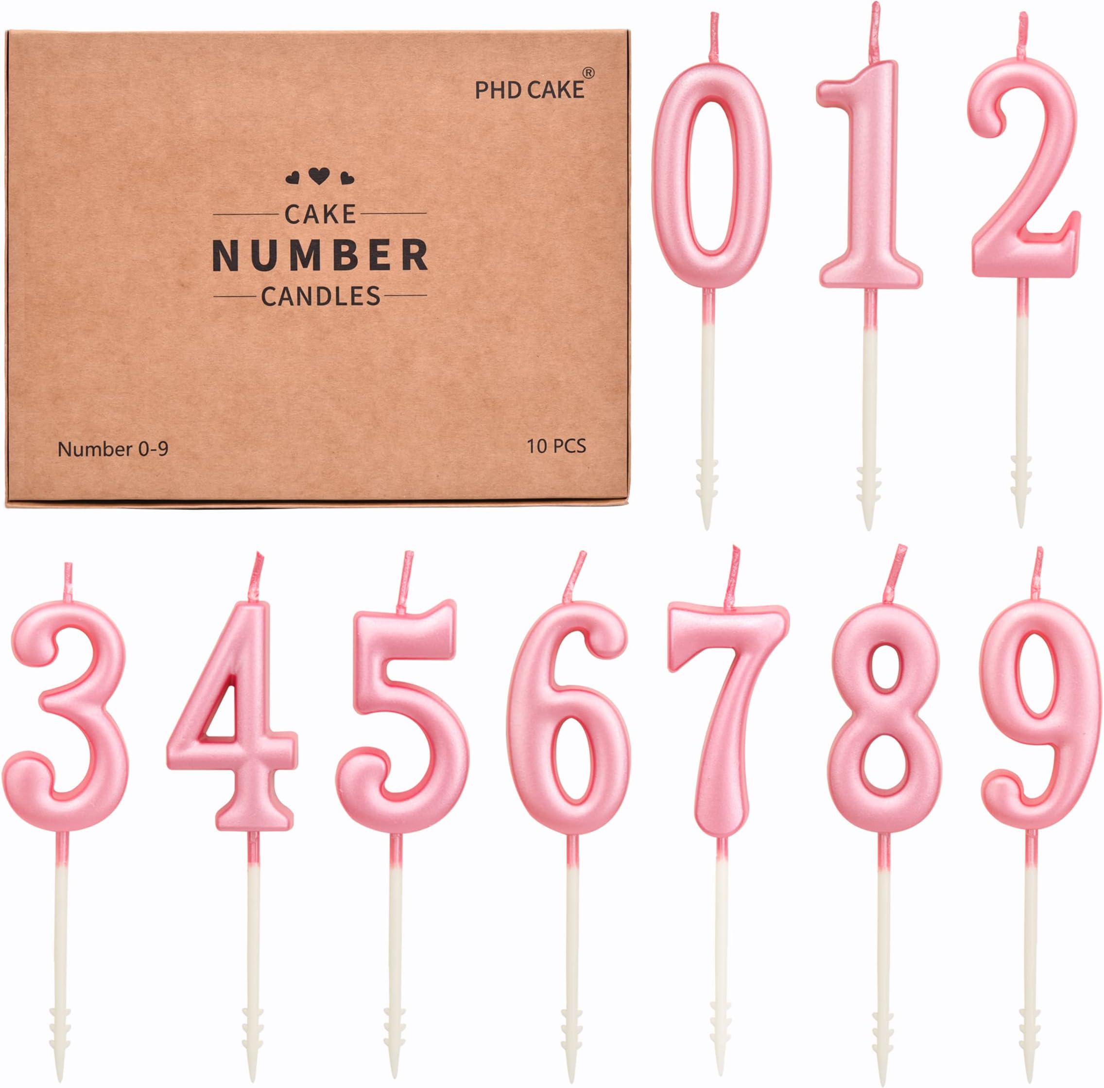 PHD CAKE 10-Pieces Pink Numeral Birthday Candles, Cake Numeral Candles Number 0-9 Glitter Cake Topper Decoration for Birthday,Wedding Anniversary,Party Celebration