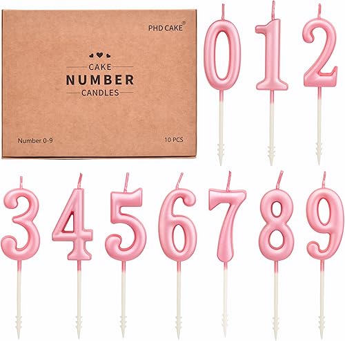 PHD CAKE 10 velas de cumpleaños con números rosados, velas con números de pastel número 0-9 con purpurina para decoración de cumpleaños, aniversario