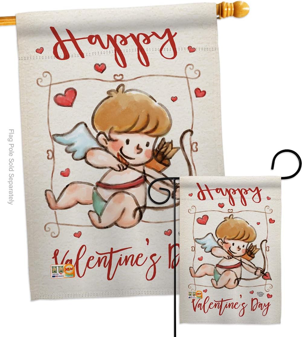 H191109-BO Happy Valentine's Day Cupid Spring Valentines Impressions Decorative Vertical 28" x 40" Double Sided House Flag Printed in USA Multi-Color