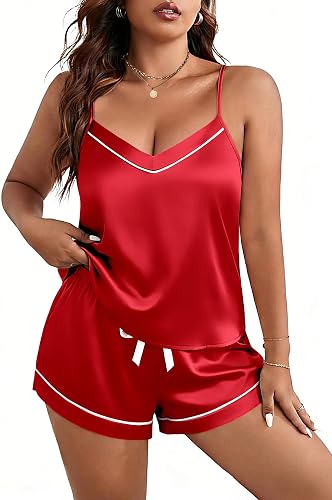 Ekouaer Pajamas for Women Set Silk Satin Pjs Sexy Lingerie Sleepwear Cami Shorts Set Summer Nightwear S-XXL