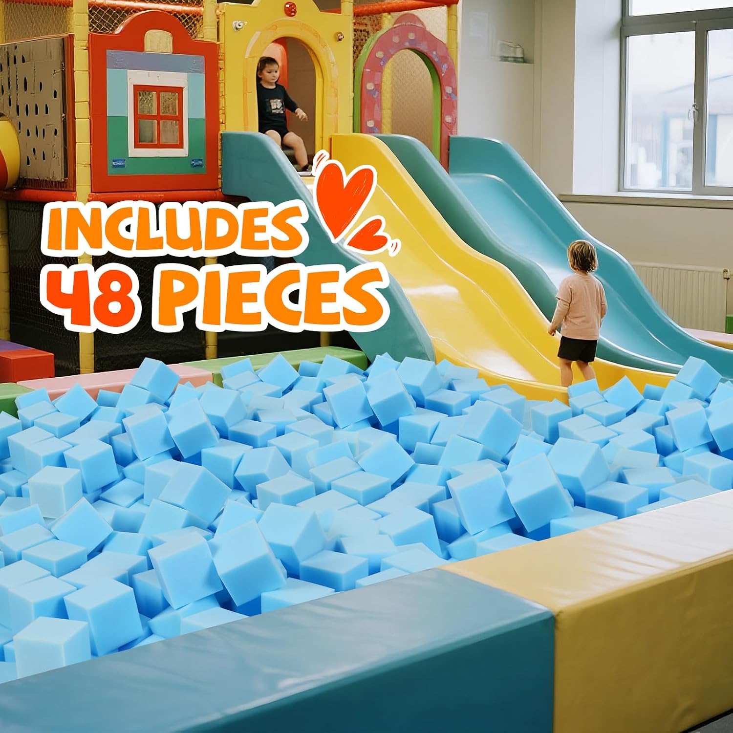 48-Pack 5 Inch Foam Cubes, Soft Play Pit Fillers for Indoor Games, Trampoline & Rock Climbing Mats - Light Blue