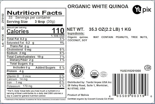 Vista 2 de Yupik Quinua blanca orgánica, 2.2 libras (35.2 onzas), sin OMG, sin gluten, kosher, vegana, granos blancos crudos, sin sal, sin aceite, proteína a