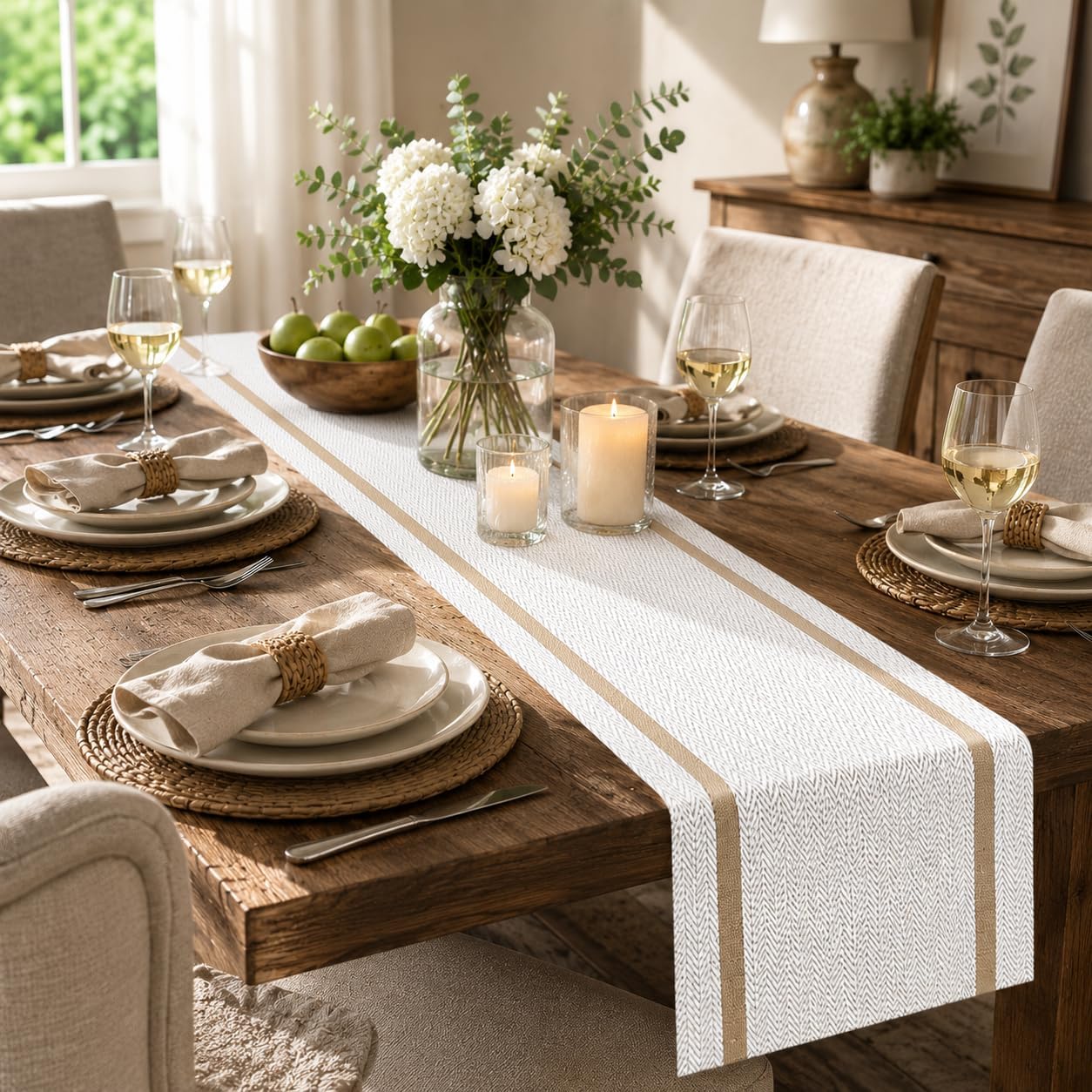 FAVE Woven Vinyl Table Runner with Gold Thread Detail, White, 12"x72" — image 1