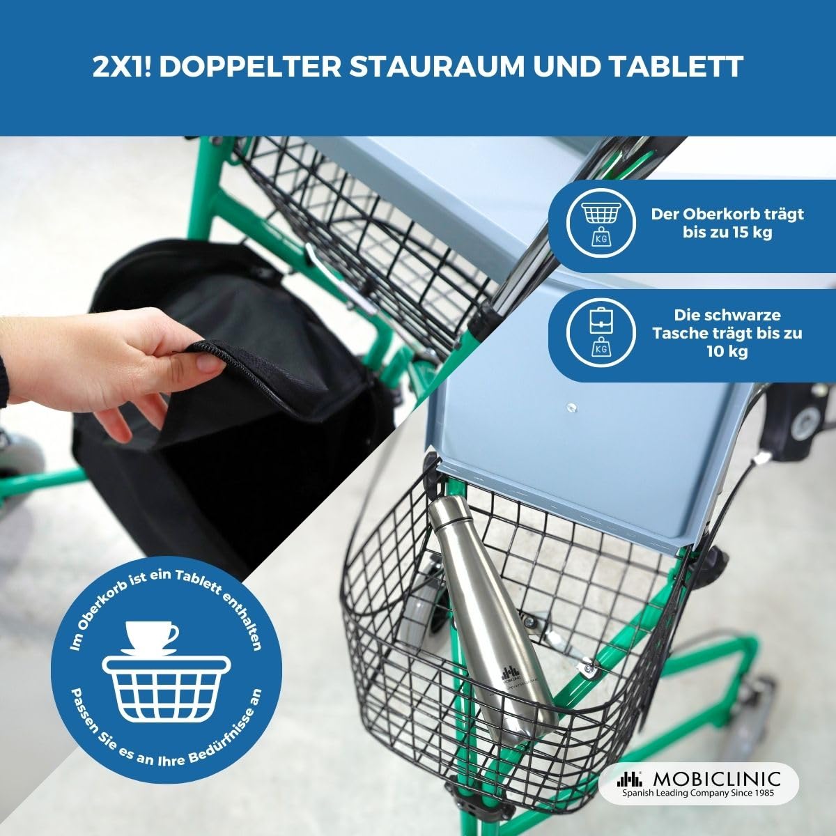 Mobiclinic®, Rollator mit 3 Rädern, Faltbar, Höhenverstellbare, mit Korb, Tasche und Handbremsen, Leicht, Gehhilfe für Senioren, Grün, Caleta