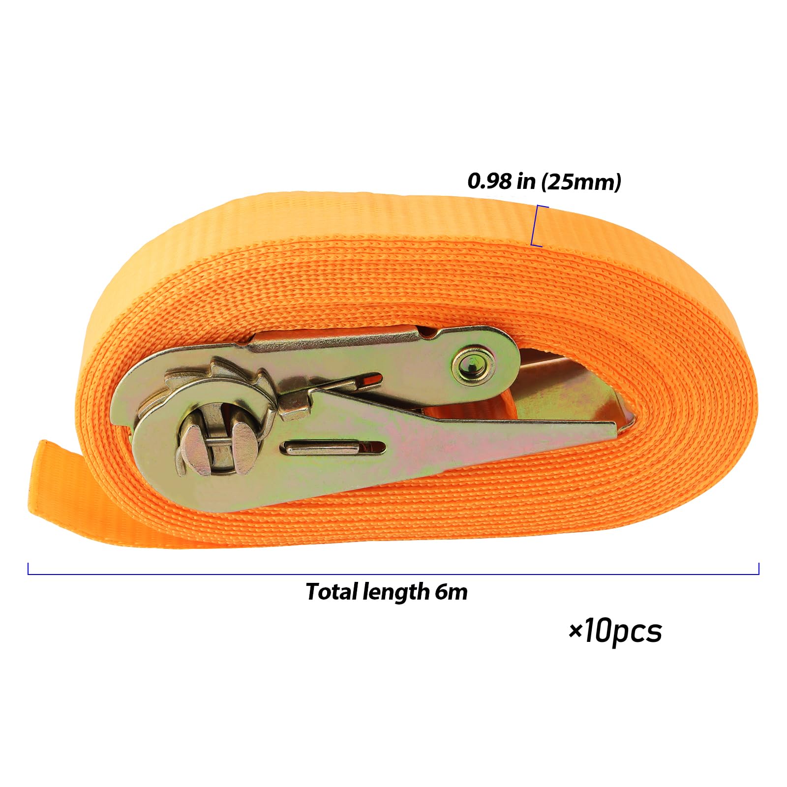 PINGEUI 10 cinghie con cricchetto, 6 m x 25 mm, portata fino a 800 kg, cinghie di ancoraggio con gancio a cricchetto, cinghie a cricchetto, cinghie di ancoraggio per fissaggio del carico, arancione