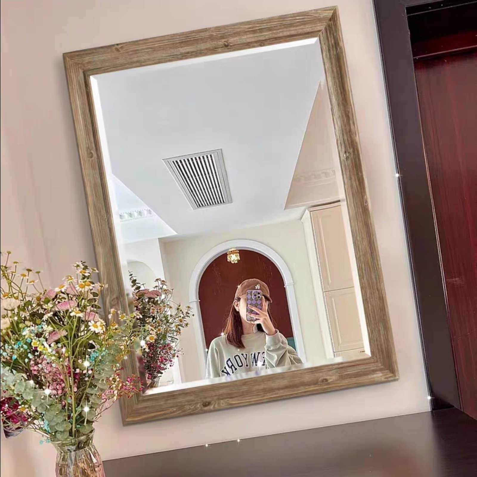 Specchio Espejo de baño grande de 60 x 80 cm, espejo de pared rectangular con marco de madera natural, espejo decorativo para sala de estar y dormitorio, espejo de maquillaje, espejo grande rústi