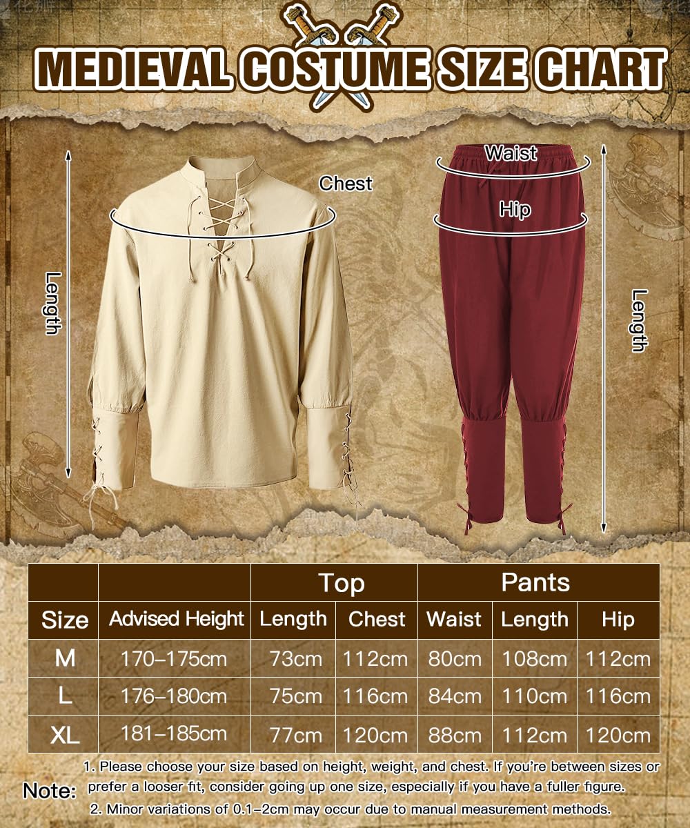 Costume Medievale Uomo, Abbigliamento Rinascimentali con Camicia Pantaloni da Pirata, Costume Carnevale Cavaliere, Regalo per Uomo, Costumi Medievale Vichingo per Halloween Cosplay