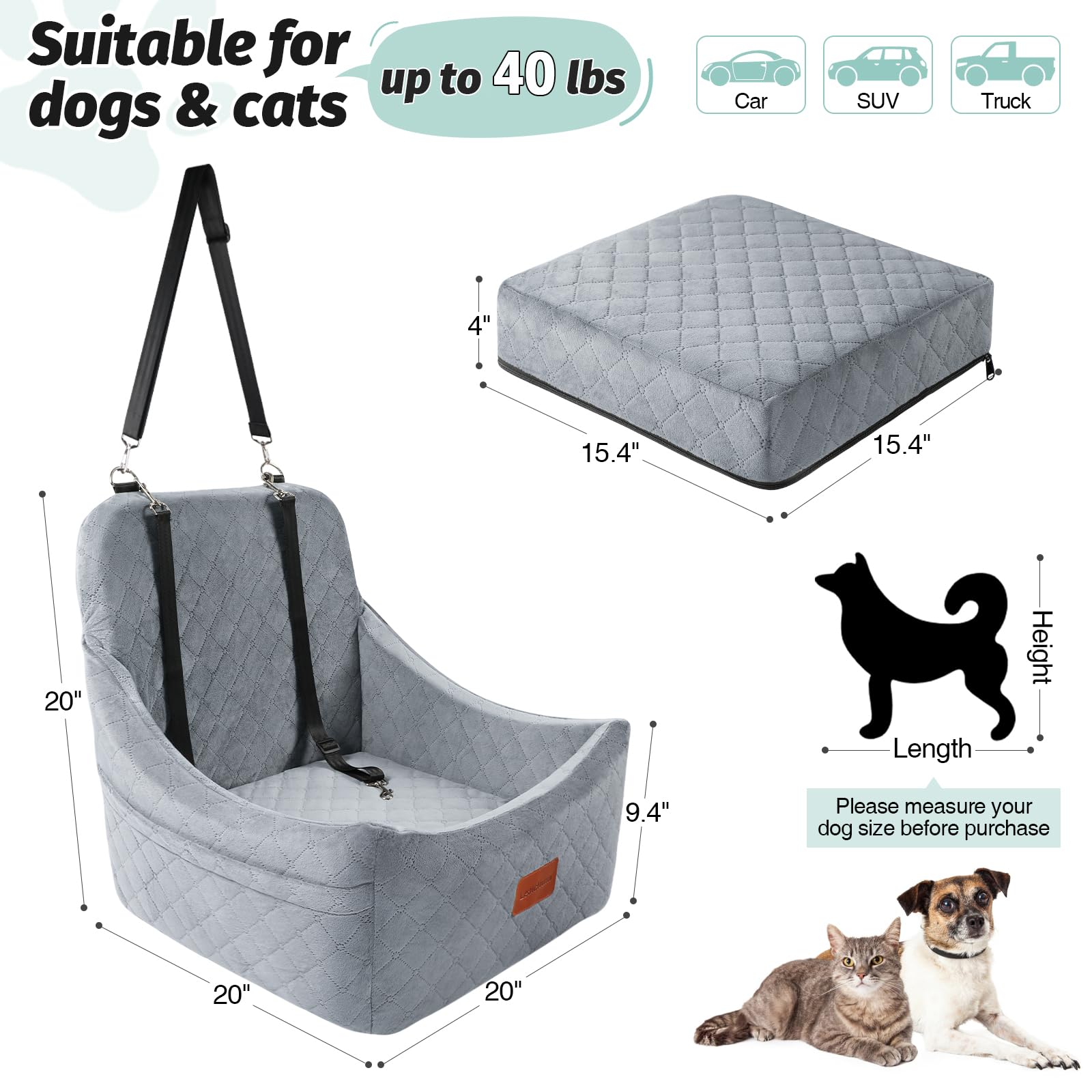 Lealchum Asiento de coche para perros medianos de hasta 35 libras, totalmente desmontable y lavable, fácil de instalar con correas ajustables, cama inferior antideslizante para mascotas, 2 bolsillos