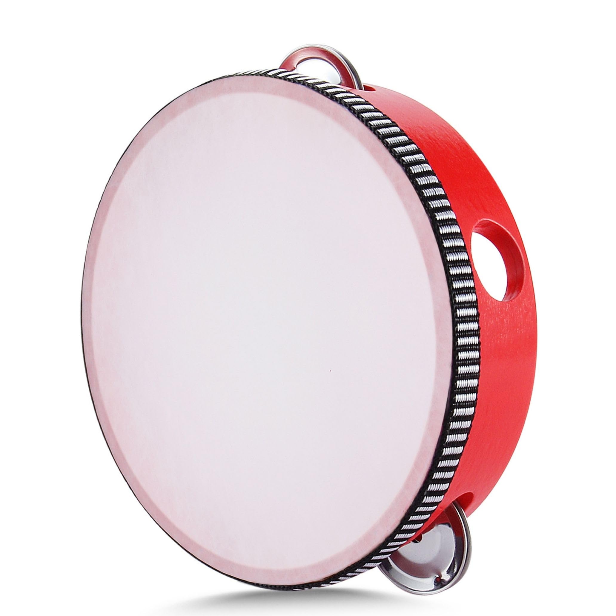 Flexzion 6-Inch Wood Tambourine for Adults, Double Row Jingles, Red
