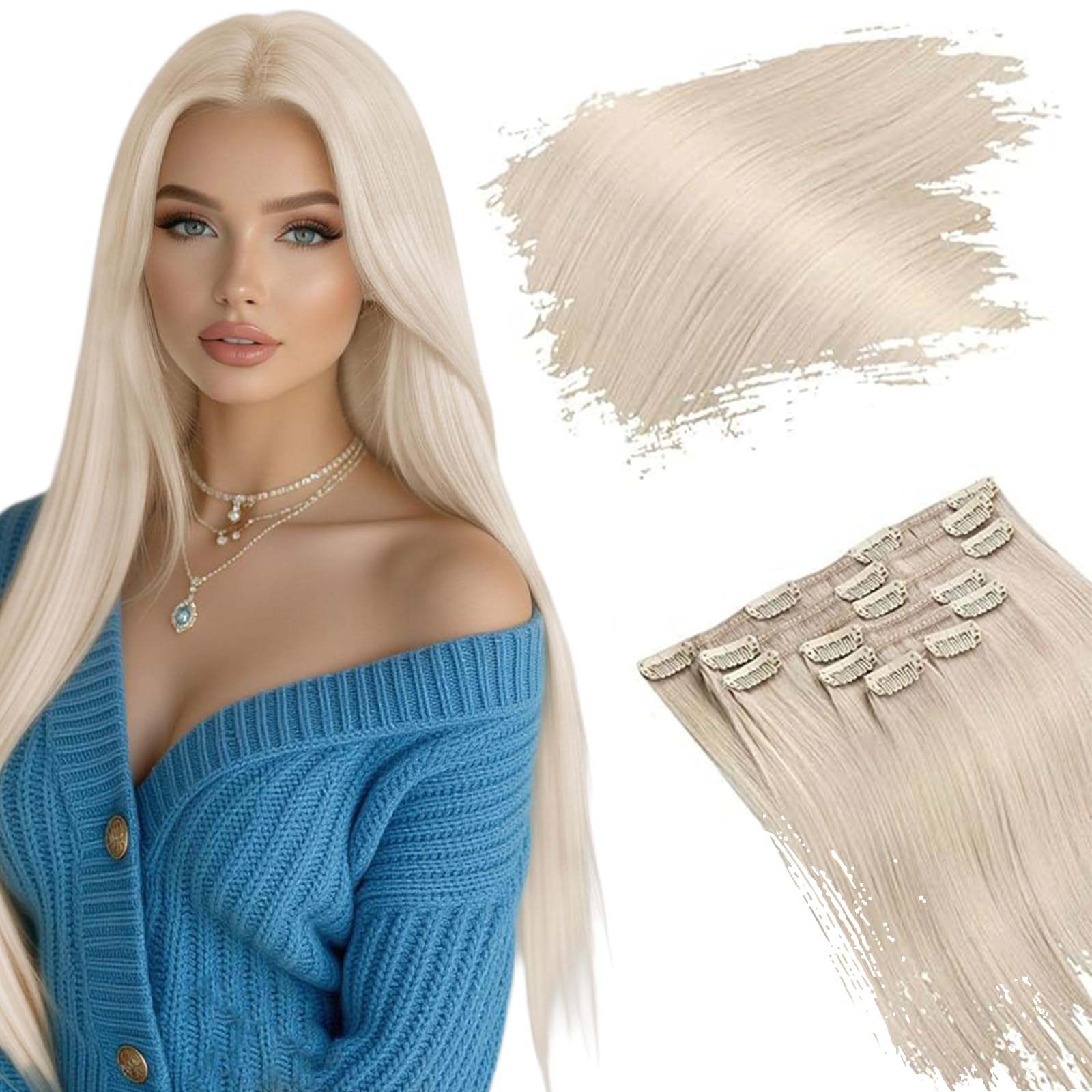 Ugeat Human Hair Clip in Extensions for Women Clip in Hair Extensions Human Hair Platinum Blonde Clip on Hair Extensions Easy Application 7pcs 120g 16