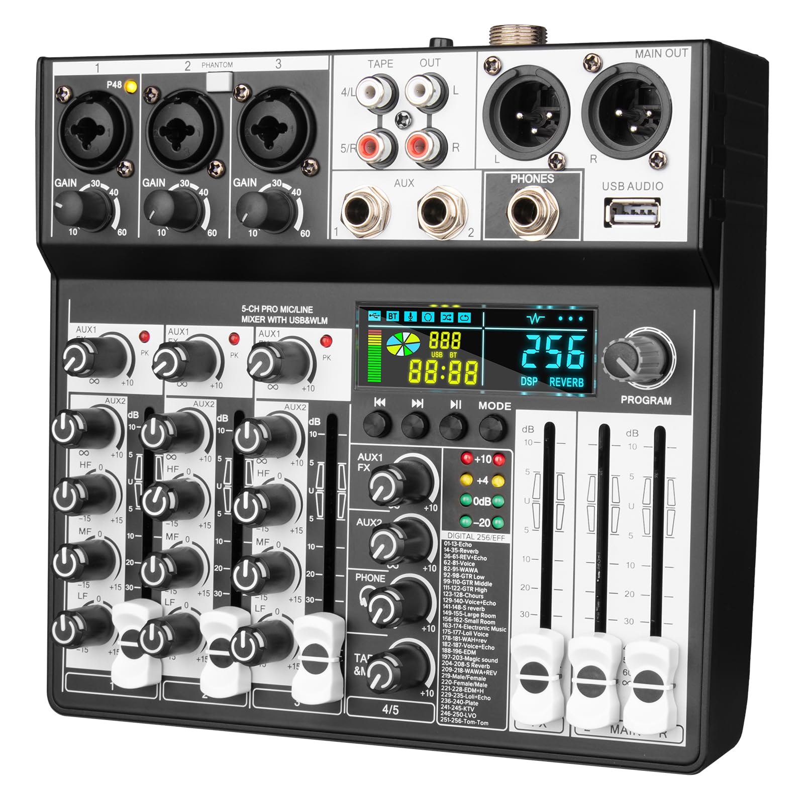 Depusheng Mezclador de audio profesional de 5 canales, sistema de consola de sonido con entrada USB Bluetooth MP3 ordenador, 256 efectos DSP, pantalla LED, potencia fantasma de 48 V para podcast