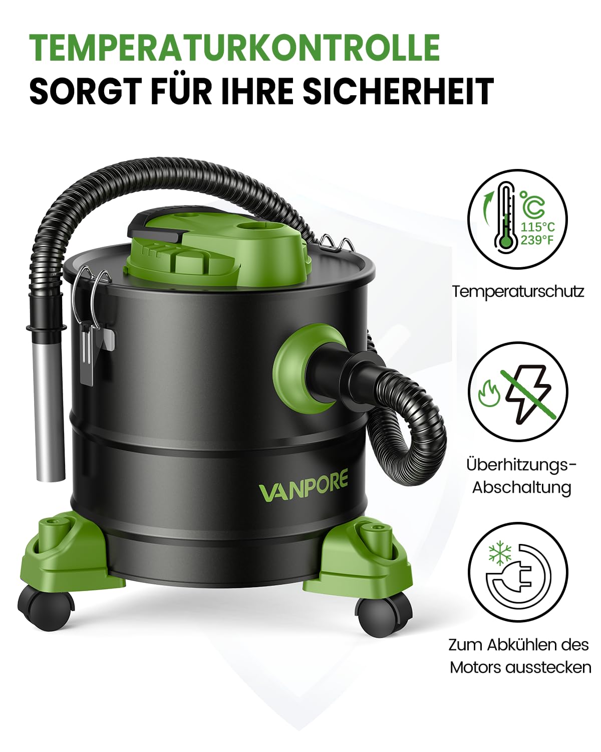 Aschesauger, 5,2 Gallonen, mit 1200 W Saugleistung, Fahrgestell, Aschesauger für Pelletöfen, Kamine, Grill, Holzofen, Feuerstellen, Grün